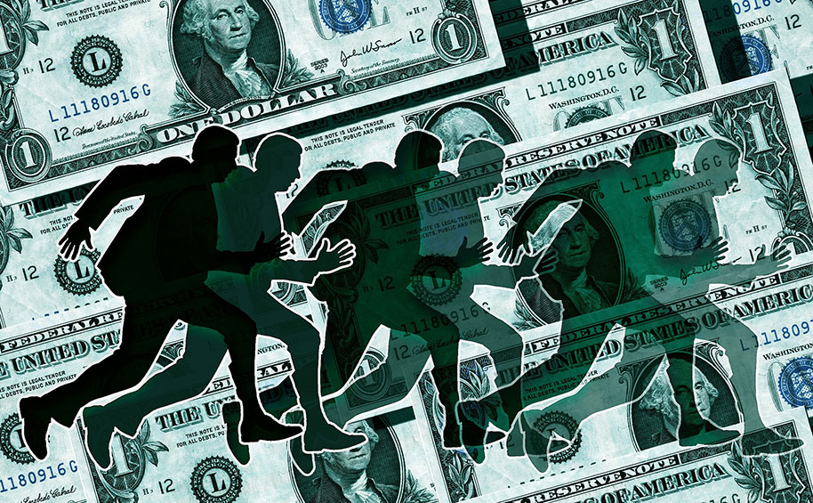 Shadows of people running across money bills