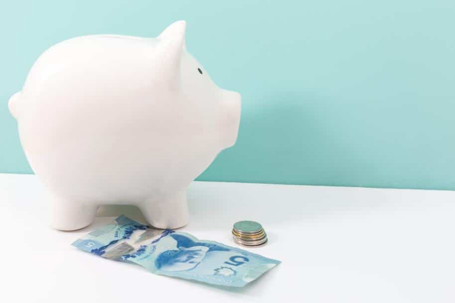 A small ceramic pig stands on a white surface next to a Canadian five dollar note and a stack of coins