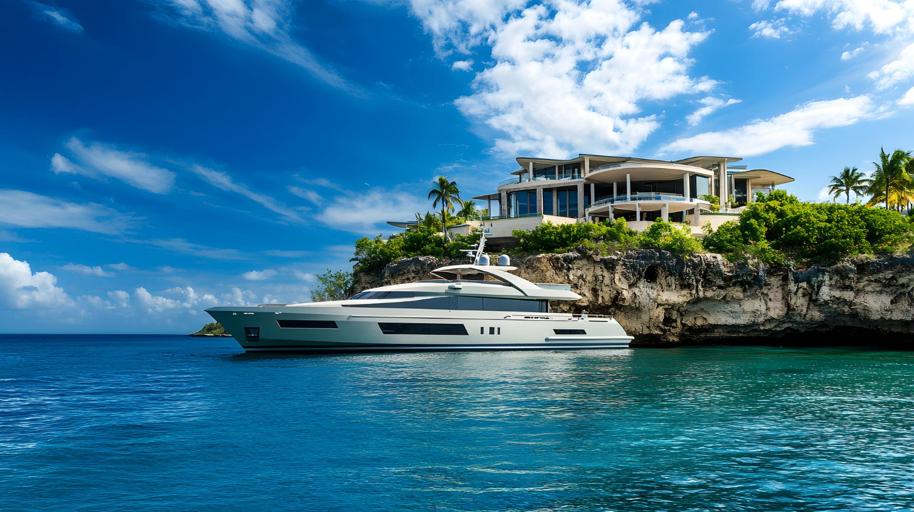 Luxury yacht in the water in front of a tropical mansion