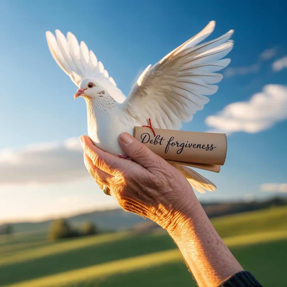 Closeup of a weathered hand releasing a dove with a scroll with the words "Debt forgiveness" written on it.