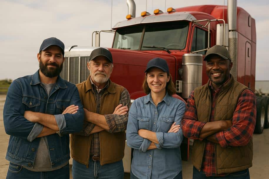 Four different truckers posing in front of a tractor unit.