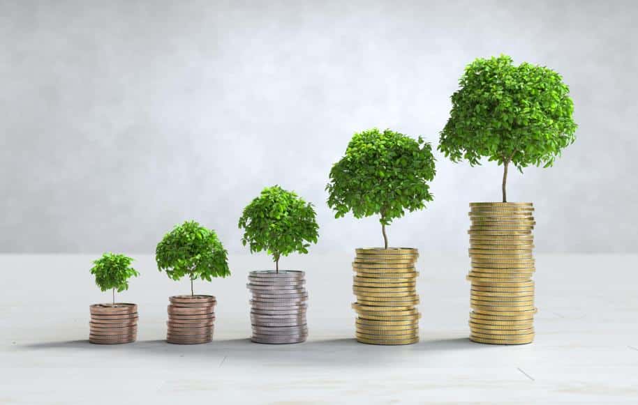 Stacks of coins with trees growing out of them lined up like a bar graph.