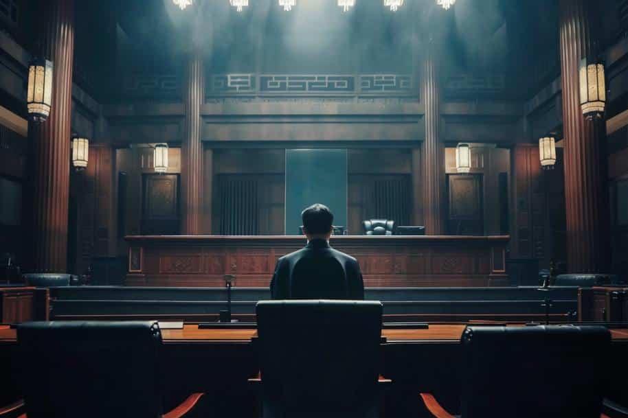 Rear view of a single person in an empty courtroom.