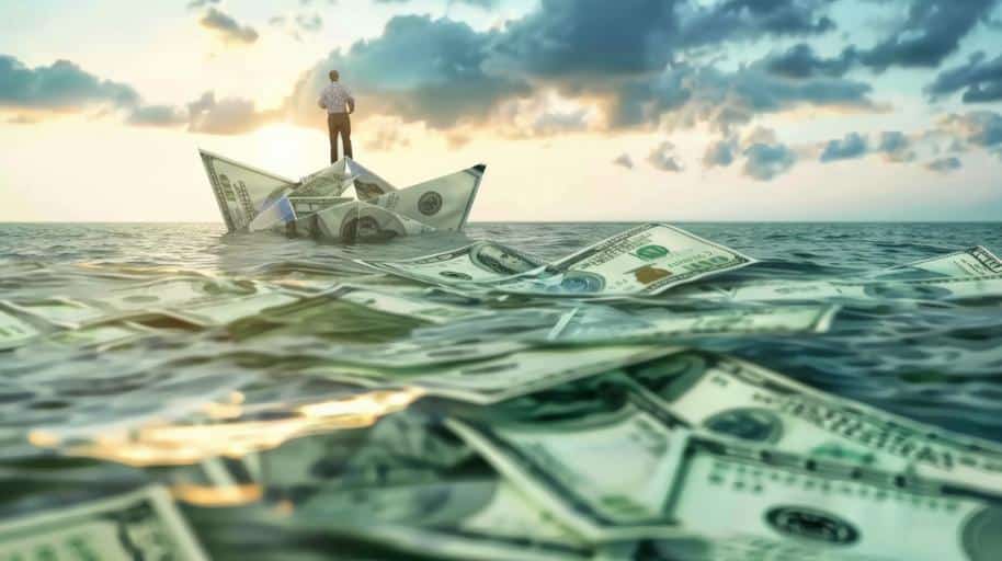 Man standing of boat on money travelling across sea