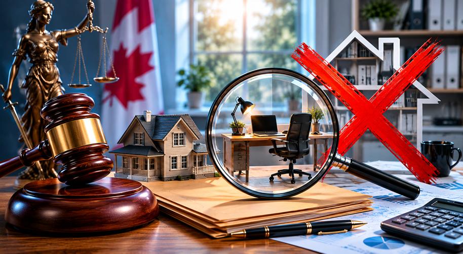 A conceptual legal-business scene illustrating a home-based business dispute over rent subsidy eligibility in Canada. In the foreground, a judge’s gavel and scales of justice sit beside a miniature house model and financial documents. A magnifying glass highlights a modern home office setup with a desk, chair, and computer, while a large red X overlays the outline of a house in the background, symbolizing disqualification or exclusion. A Canadian flag is softly blurred in the background, reinforcing the Canadian tax and legal context. The image uses dramatic lighting and professional office decor to convey themes of tax law, government subsidies, and denied eligibility for home-based businesses.