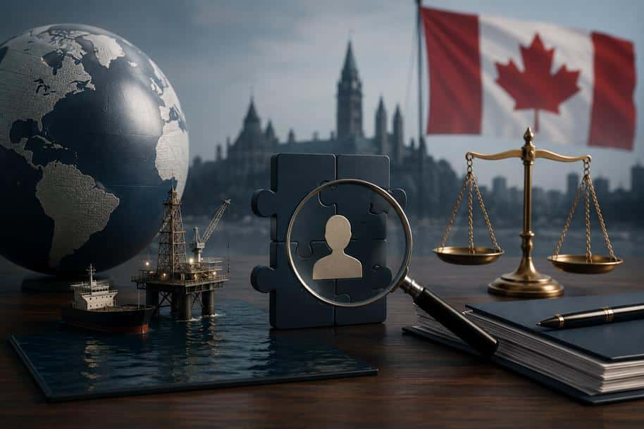 3D illustration of offshore finance, legal scales, and beneficial ownership symbolism in a Canadian tax law setting.