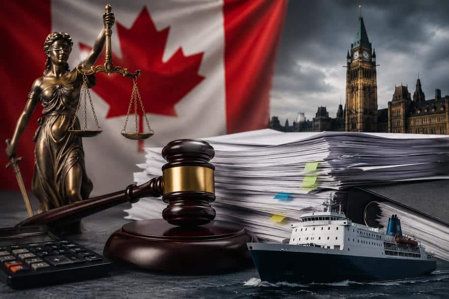 A judge’s gavel sits beside a large stack of legal documents and binders, with a statue of Lady Justice and the Canadian Parliament in the background. A ferry ship appears in the foreground, symbolizing the Marine Atlantic case, while a Canadian flag and calculator reinforce the themes of Canadian tax litigation, court costs, and government legal disputes.