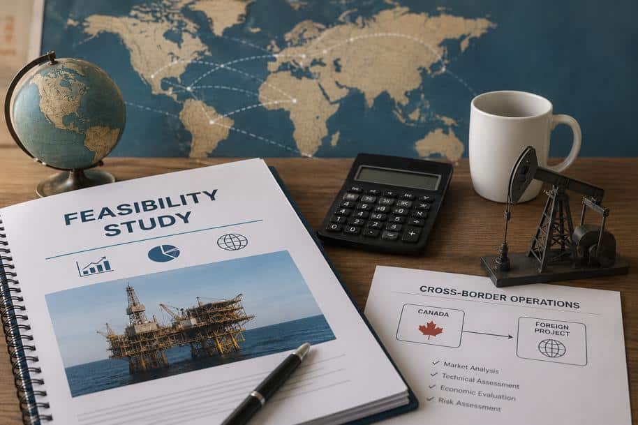 Feasibility study report, calculator, and miniature oil pump jack displayed on a desk in front of a world map, illustrating cross-border energy project evaluation and the tax treatment of international feasibility study expenses. Documents, business tools, and global trade imagery symbolize multinational resource development, investment analysis, and corporate tax planning.