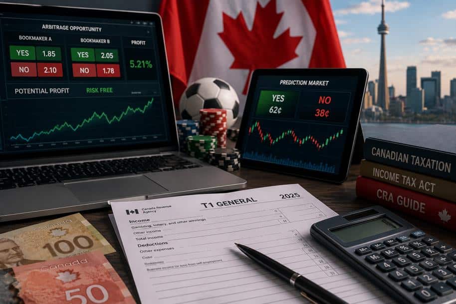 Canadian arbitrage betting and prediction market tax concept featuring trading screens, betting market data, poker chips, Canadian currency, a tax return form, calculator, and the Toronto skyline with the CN Tower in the background, symbolizing the Canadian tax implications of arbitrage betting and prediction market profits.