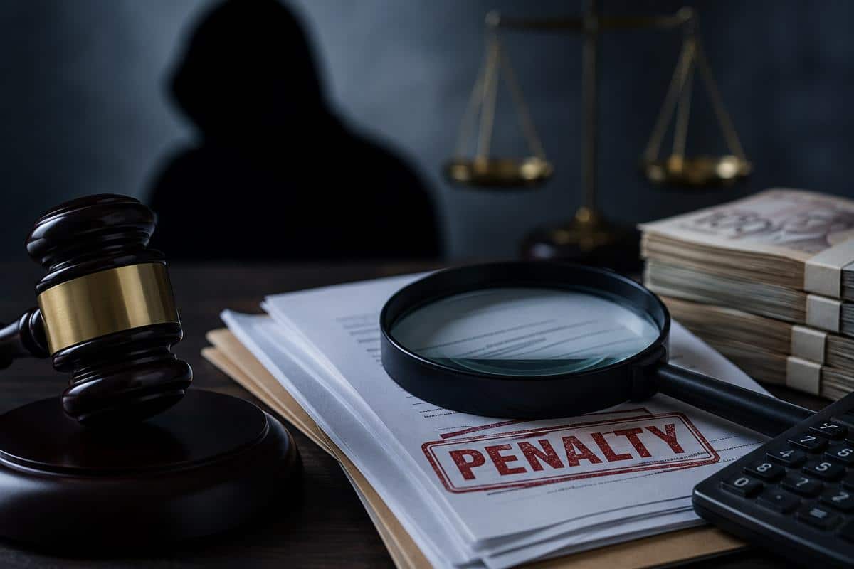 Judge's gavel, magnifying glass, financial documents, calculator, and stacks of cash on a desk, with a shadowy figure and scales of justice in the background, symbolizing a tax audit, tax fraud investigation, and gross negligence penalties.