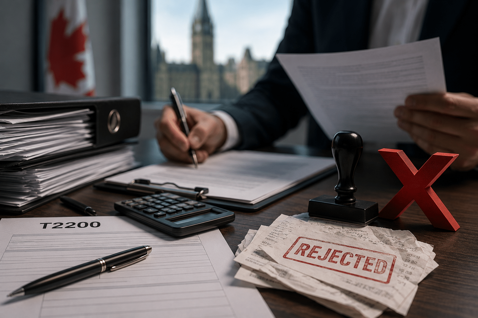 A professional reviews tax documents, receipts, and a T2200 form beside a calculator and rejected paperwork, symbolizing CRA denial of employment expense claims despite employer certification.