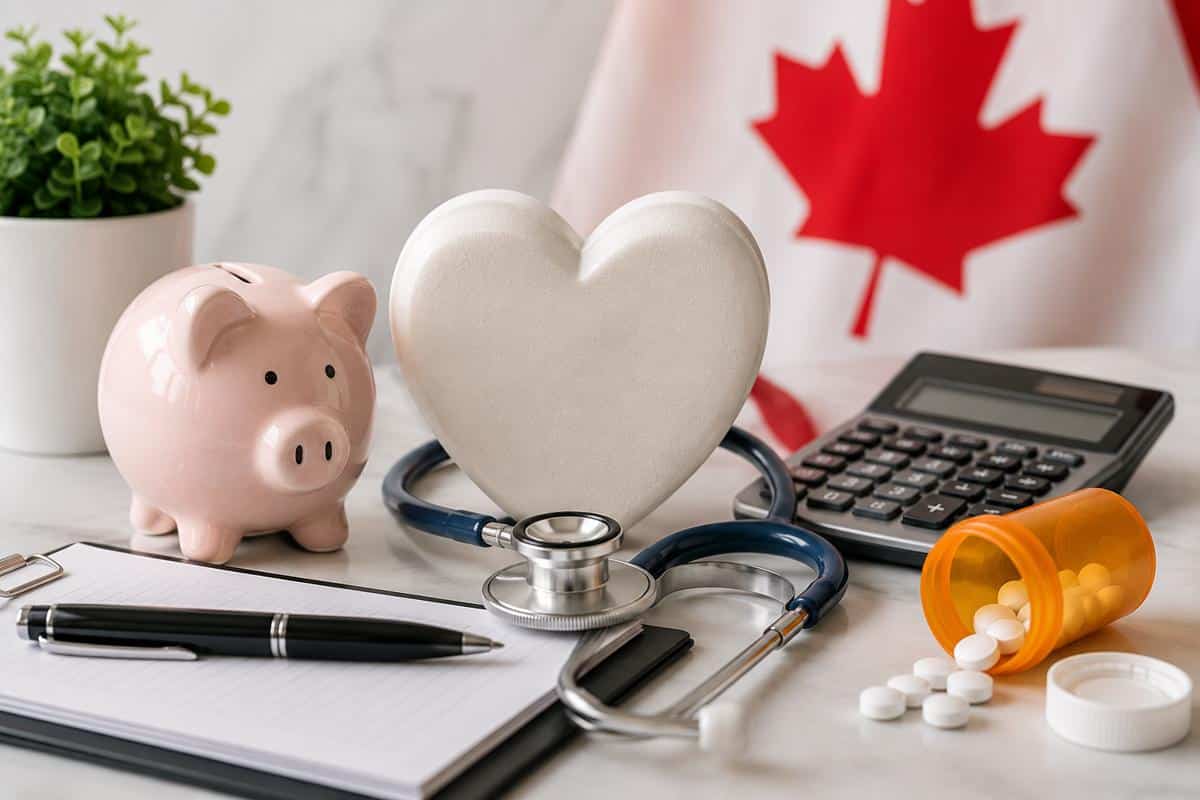 Medical tax planning workspace with a stethoscope, calculator, prescription bottle, piggy bank and Canadian flag representing the Medical Expense Tax Credit in Canada.