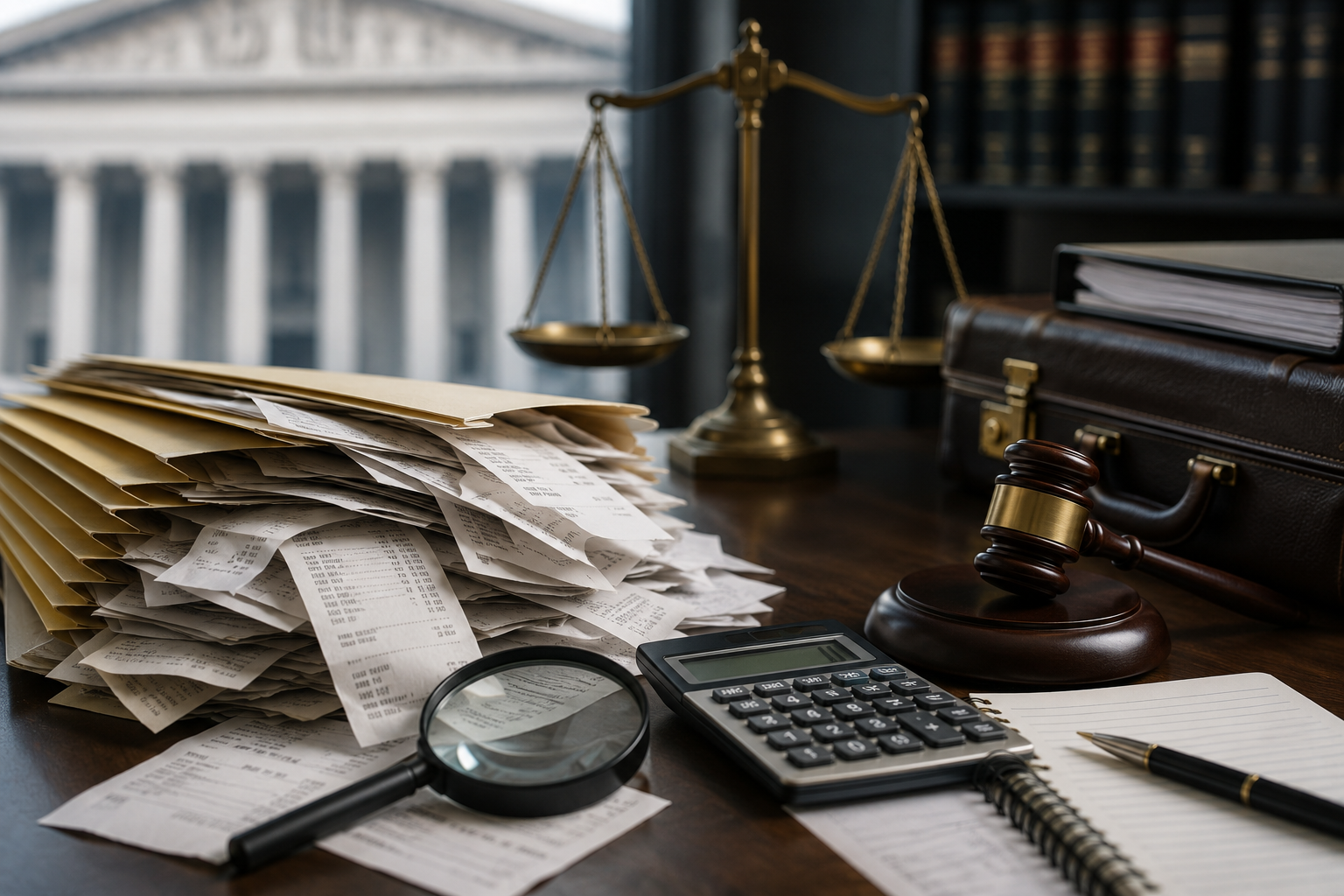 A stack of receipts and financial records sits beside a calculator, magnifying glass, judge's gavel, and legal scales on a desk, symbolizing a tax court dispute over employment expense deductions and the importance of maintaining proper records.